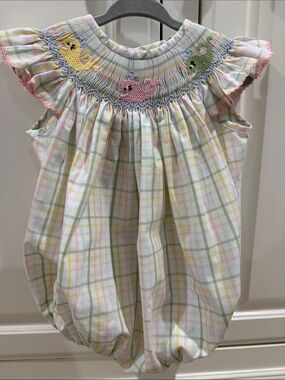Delaney Smocked Plaid Bubble Romper with Pastel Whales - Pink/Yellow/Green